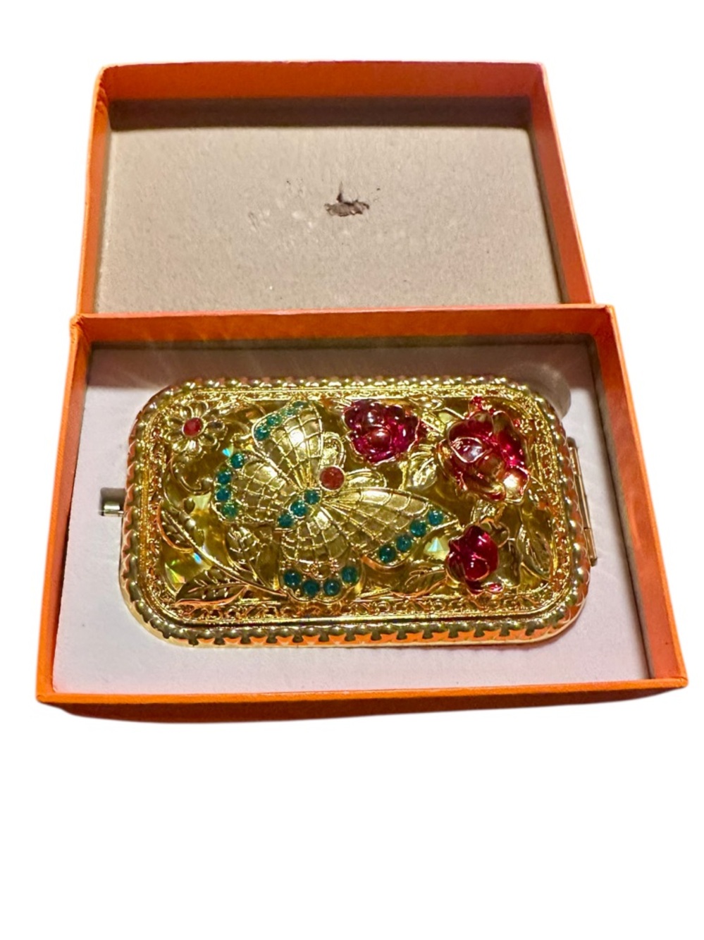 Gold Tone Jeweled Butterfly Compact with Pink Flower Accents
